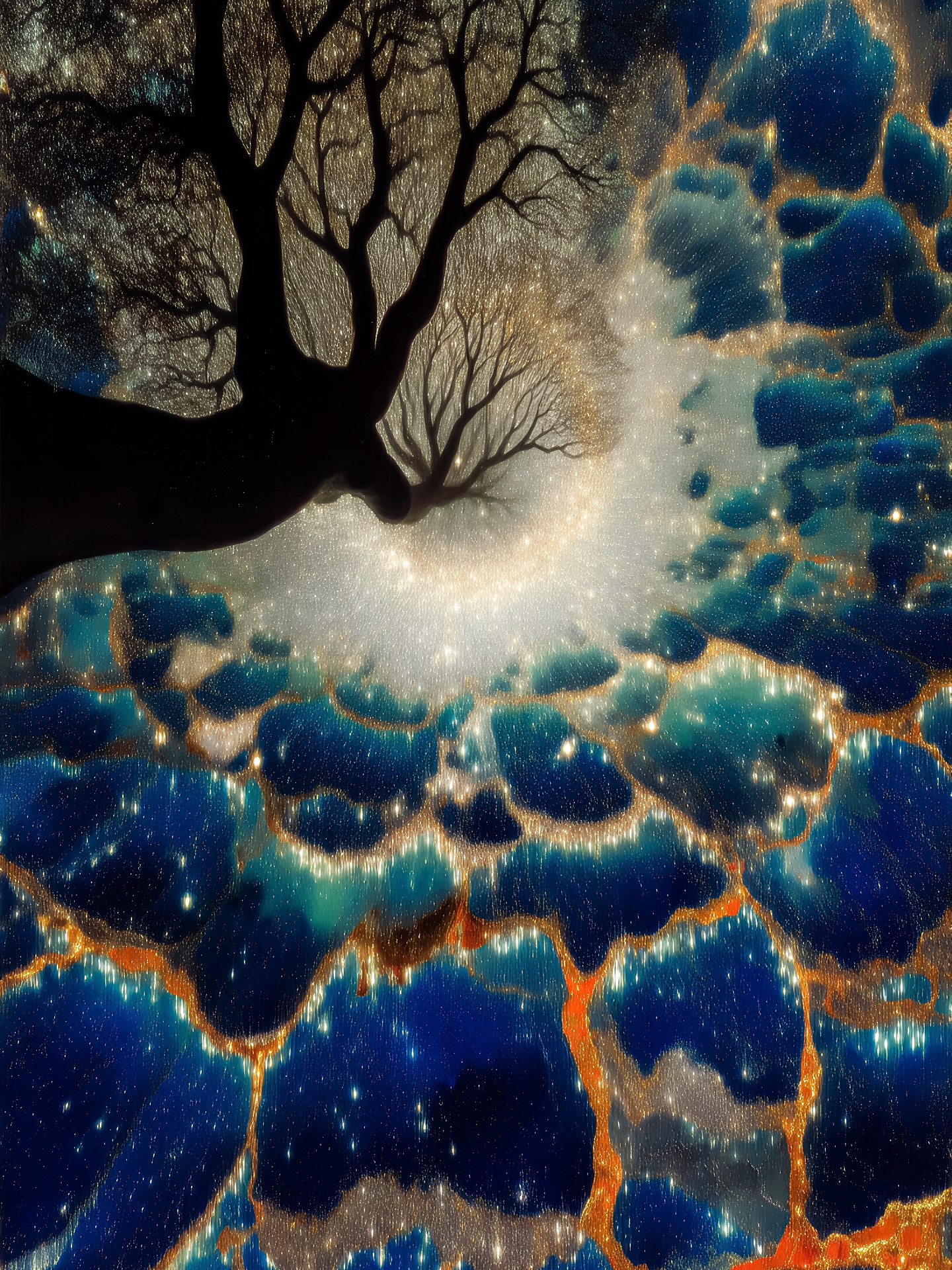 Abstract image showcasing a dark tree silhouette against a swirling, textured background with blue, orange, and white colors.